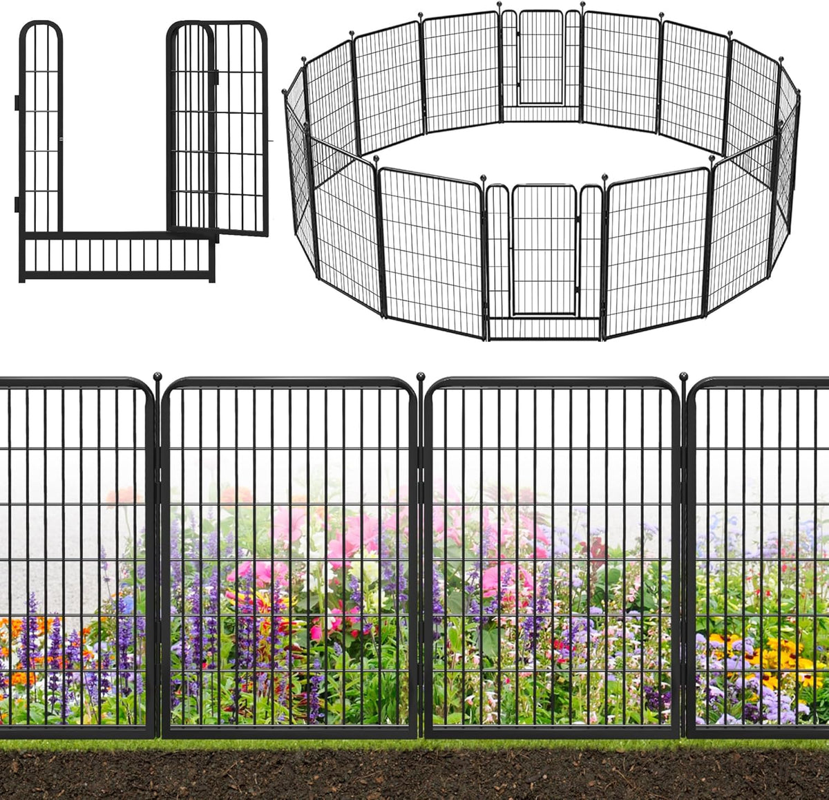 Decorative Black Metal Fencing Garden Fence with Gate, 36ft(L) 40in(H) 16 Fence Panels No Dig Fence