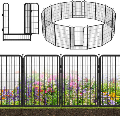 Decorative Black Metal Fencing Garden Fence with Gate, 36ft(L) 40in(H) 16 Fence Panels No Dig Fence
