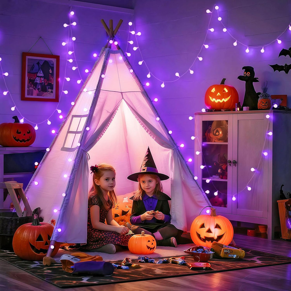 JMEXSUSS Purple Halloween Lights Indoor, Connectable 100 LED Globe String Lights Plug in with