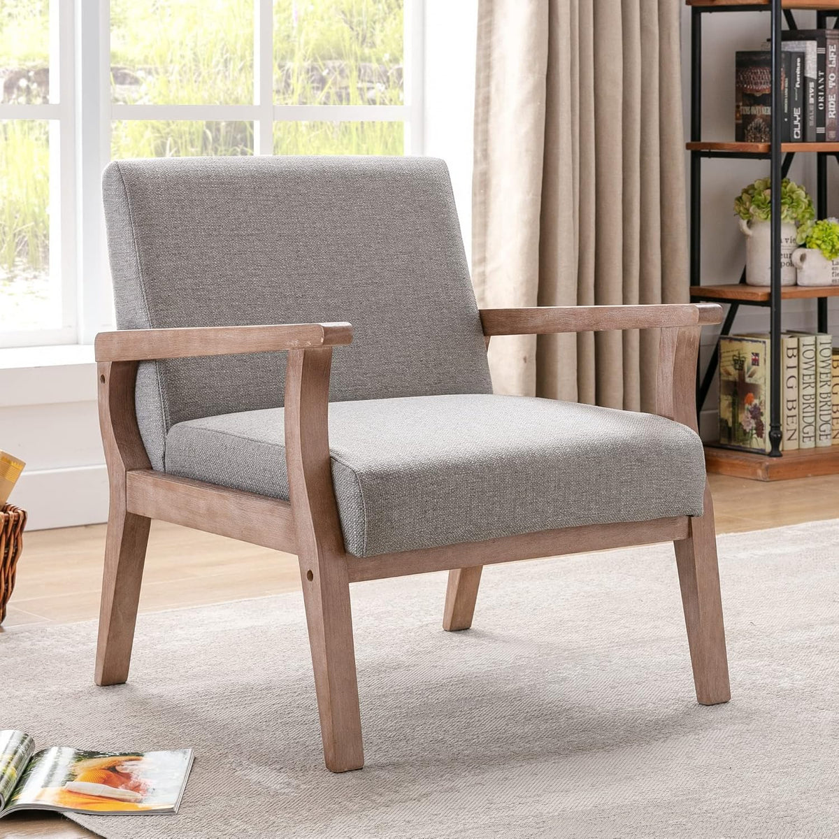 HNY Mid Century Modern Accent Chairs Set of 2 with Wood Frames, Linen Upholstered Living Room Arm