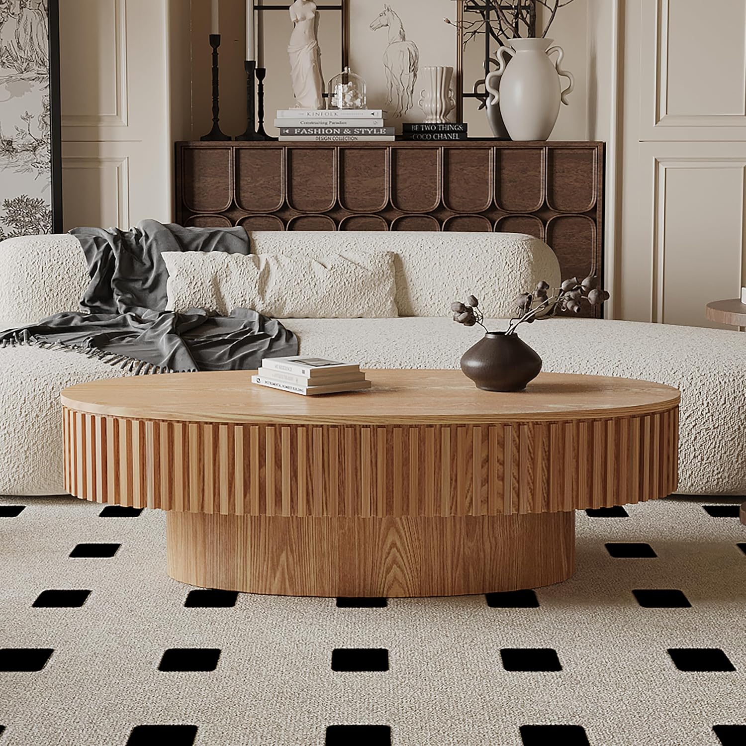47.2''Oval Coffee Table with Storage, Mid Century Modern Drum Center Tables with Lid Fluted Solid
