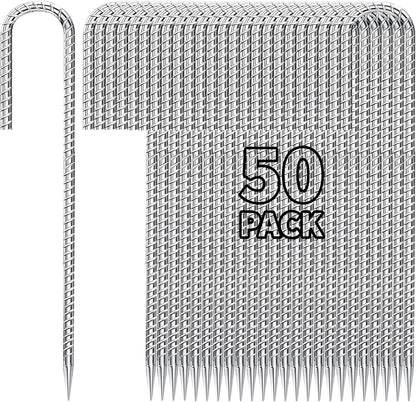 12 inch Fence Stakes Heavy Duty 50-Pack J Hook Rebar Ground Stakes Anchor Galvanized Tent Stakes