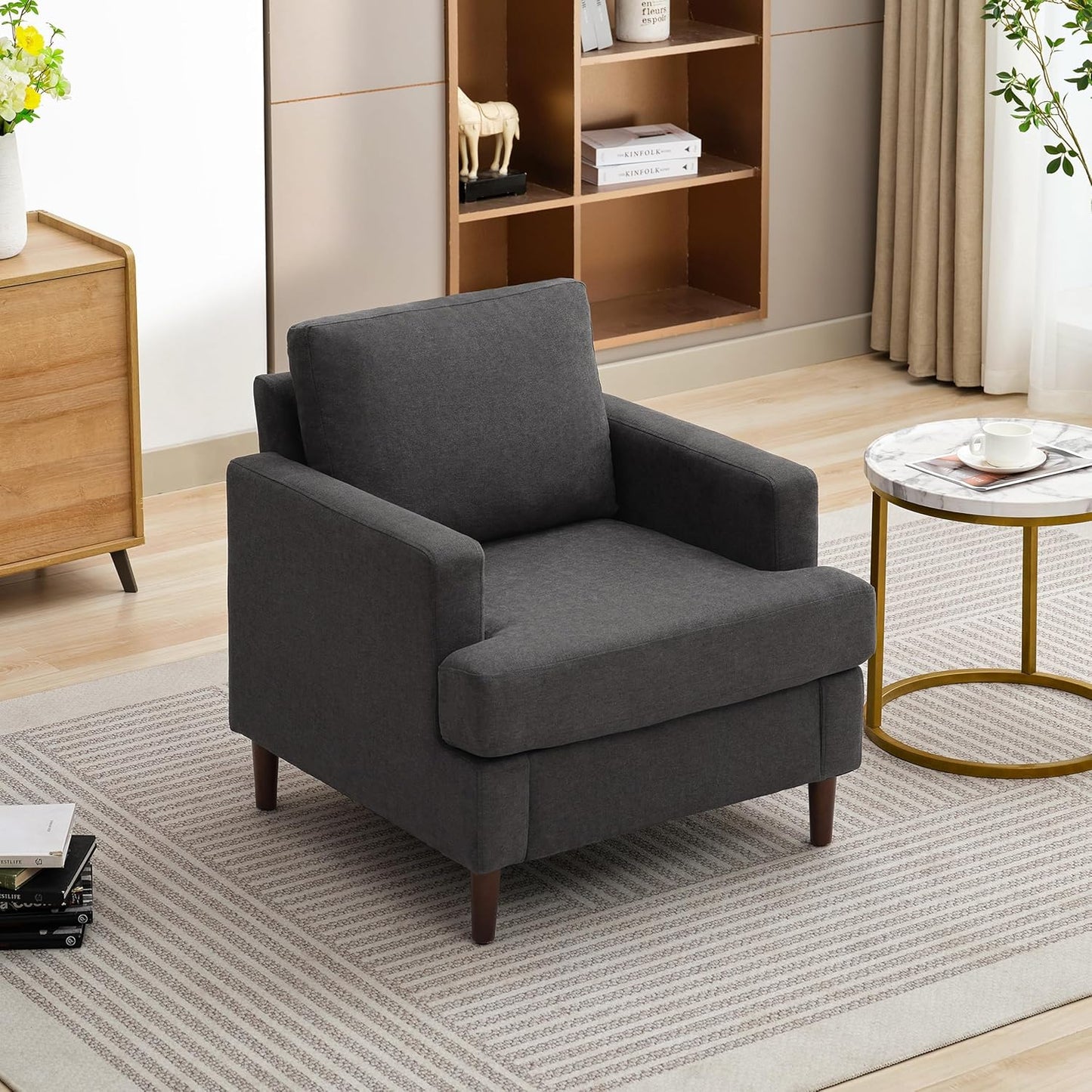Mid-Century Accent Chair,Modern Linen Fabric Armchair for Living Room,Comfy Upholstered Reading
