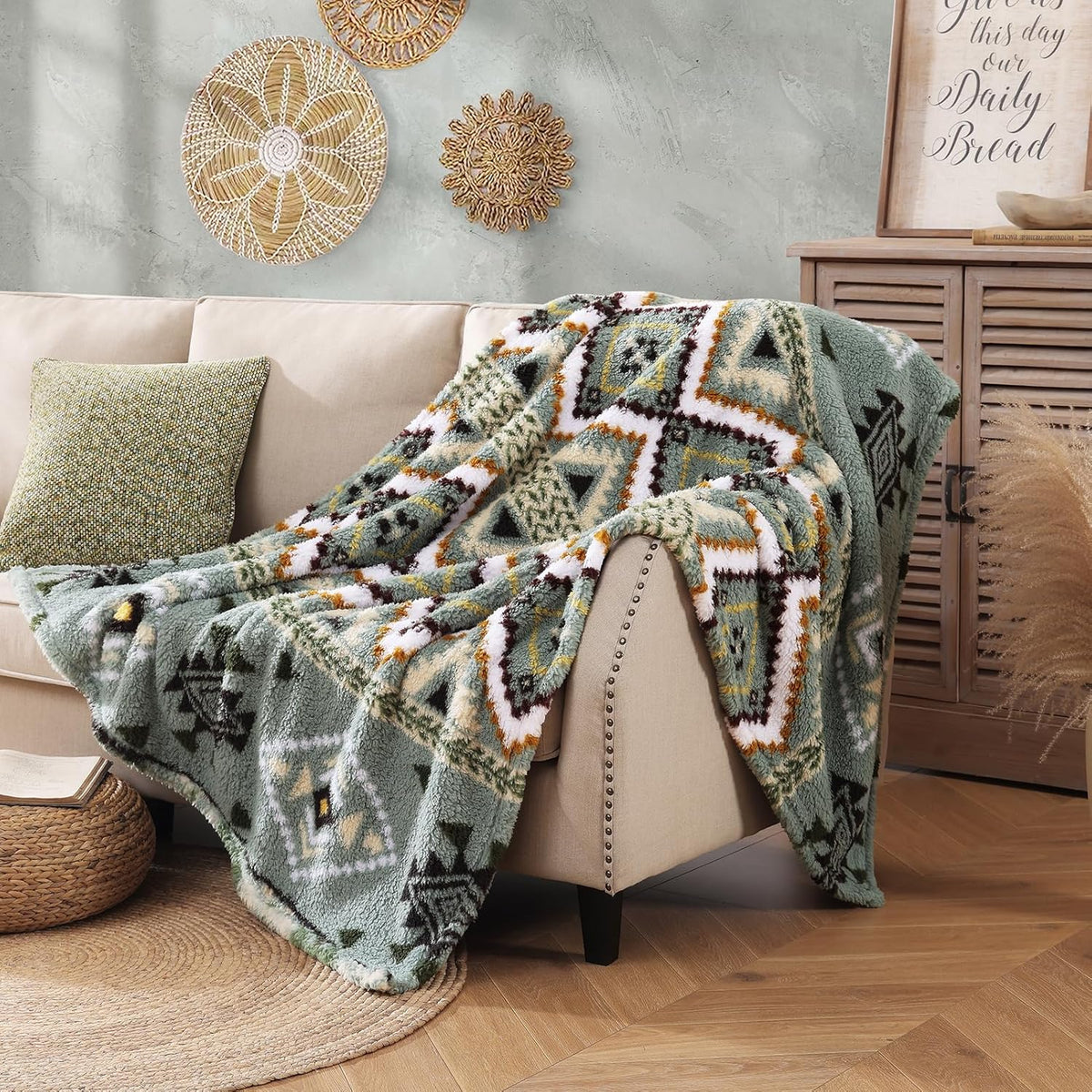 CASAAGUSTO Boho Sherpa Throw Blanket, Aztec Throw Blanket,Ultra Soft, Warm, Cozy, Plush, Thick