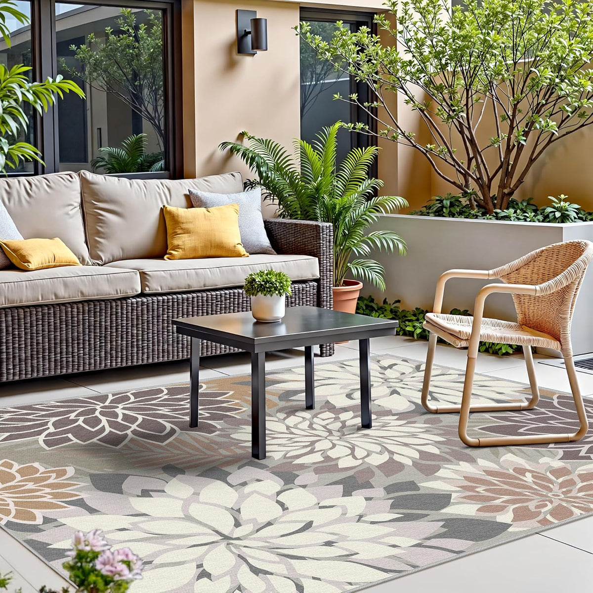 Indoor Outdoor Area Rug Washable Multicolored Patio Rug Tropical Botanical Modern Floral Indoor