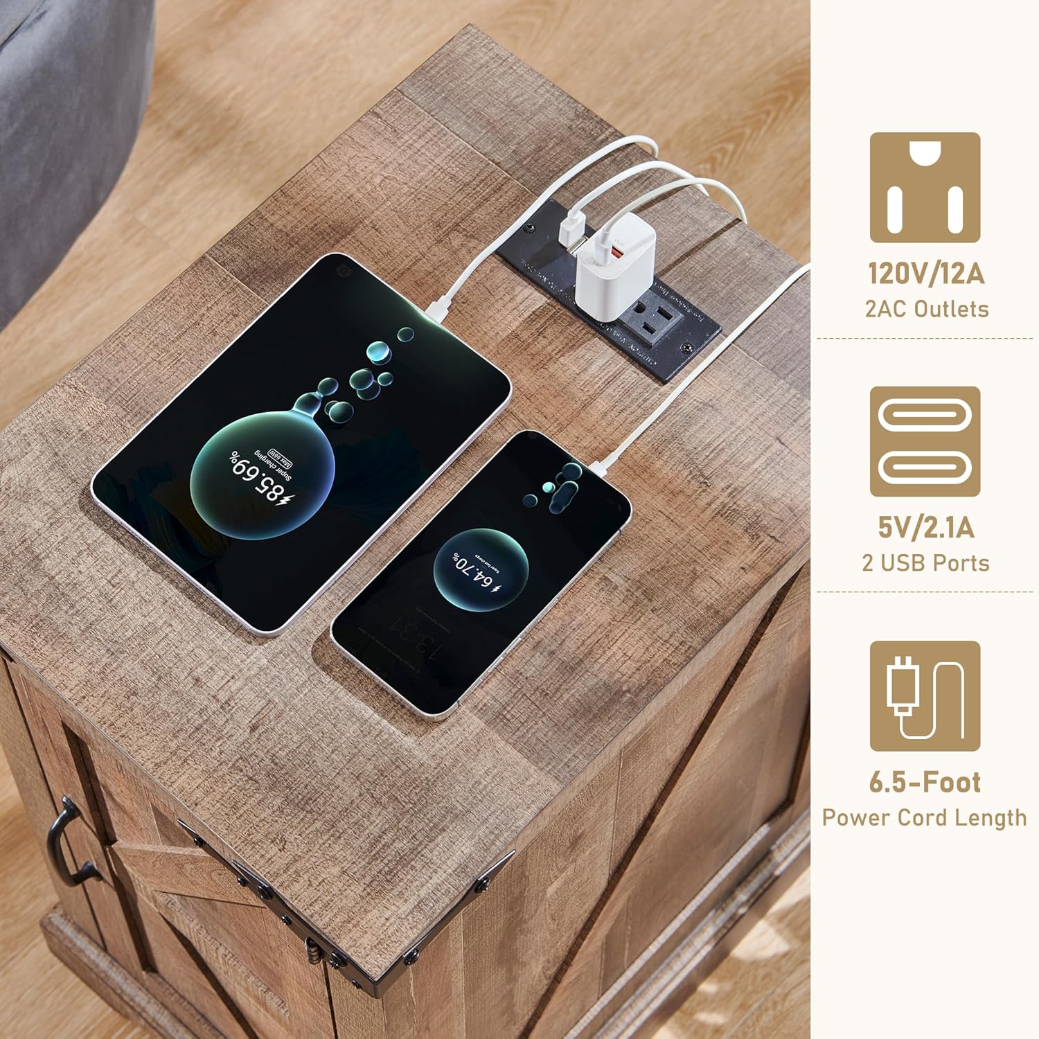 JXQTLINGMU Farmhouse Nightstand Set of 2 with Charging Station, 17"D Rectangular End Table with