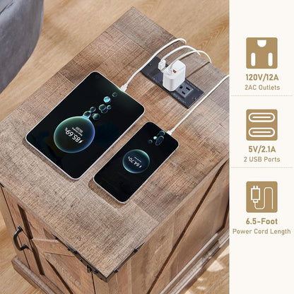 JXQTLINGMU Farmhouse Nightstand Set of 2 with Charging Station, 17"D Rectangular End Table with