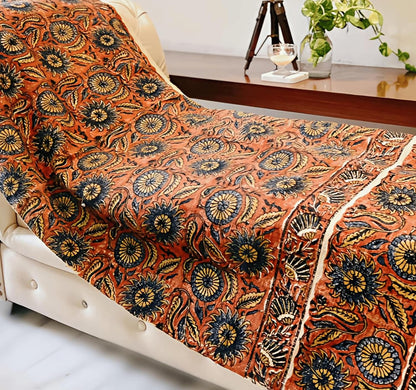 Handmade Cotton Throw Blanket | Floral Block Print in Orange & Navy | 48x70 Inches Fringed Bed
