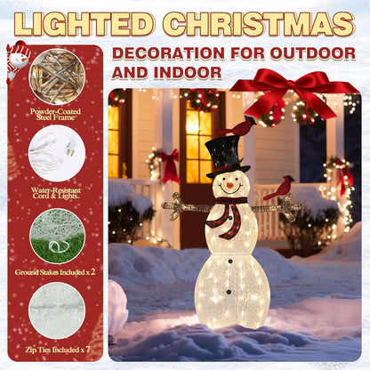 5FT Lighted Snowman with Birds for Christmas Decoration, 3D Pre-Lit Iridescent Snowman Xmas Decor