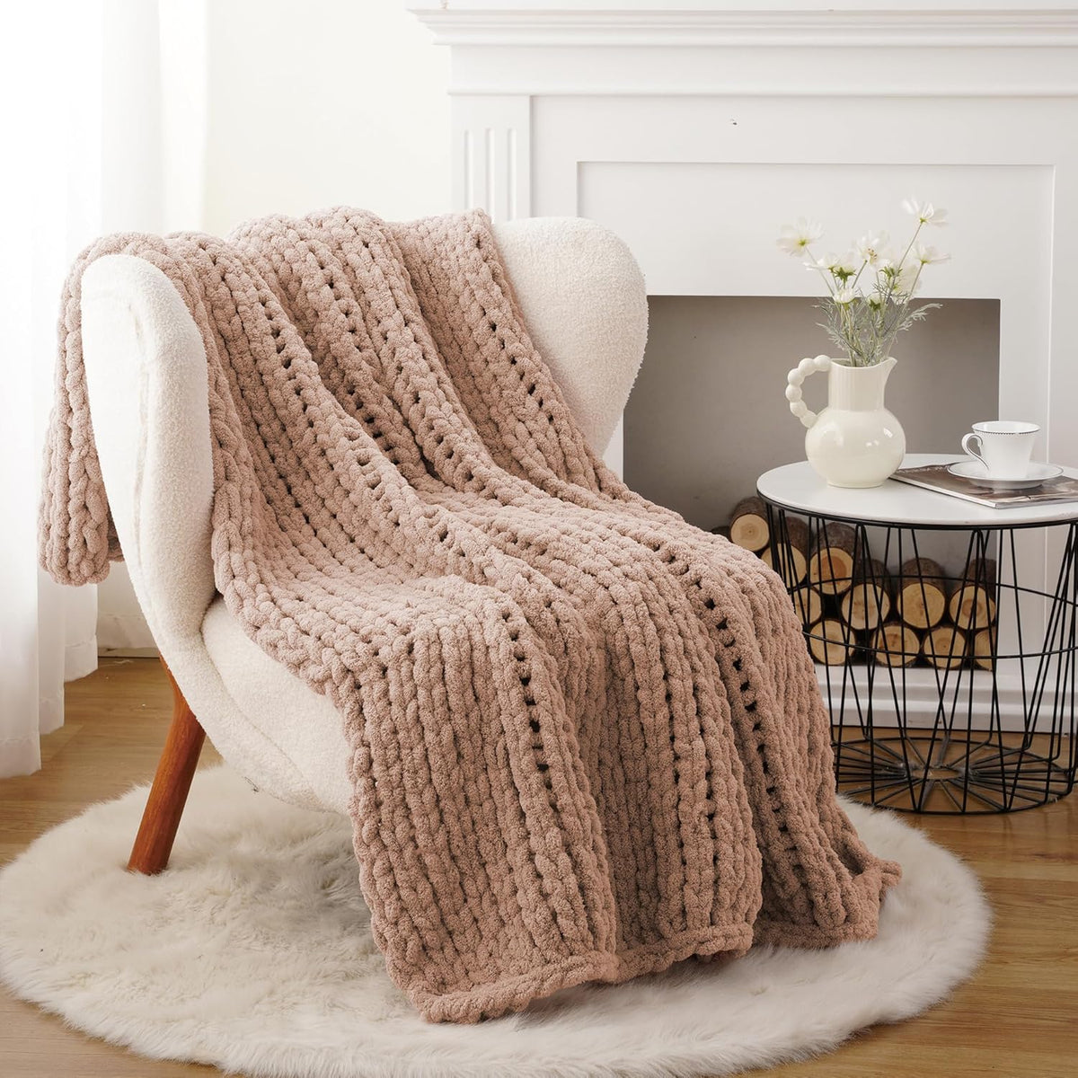 Battilo Chunky Knit Throw Blanket, Soft and Thick Chenille Throw Blanket, 50"x60" Handmade Cable