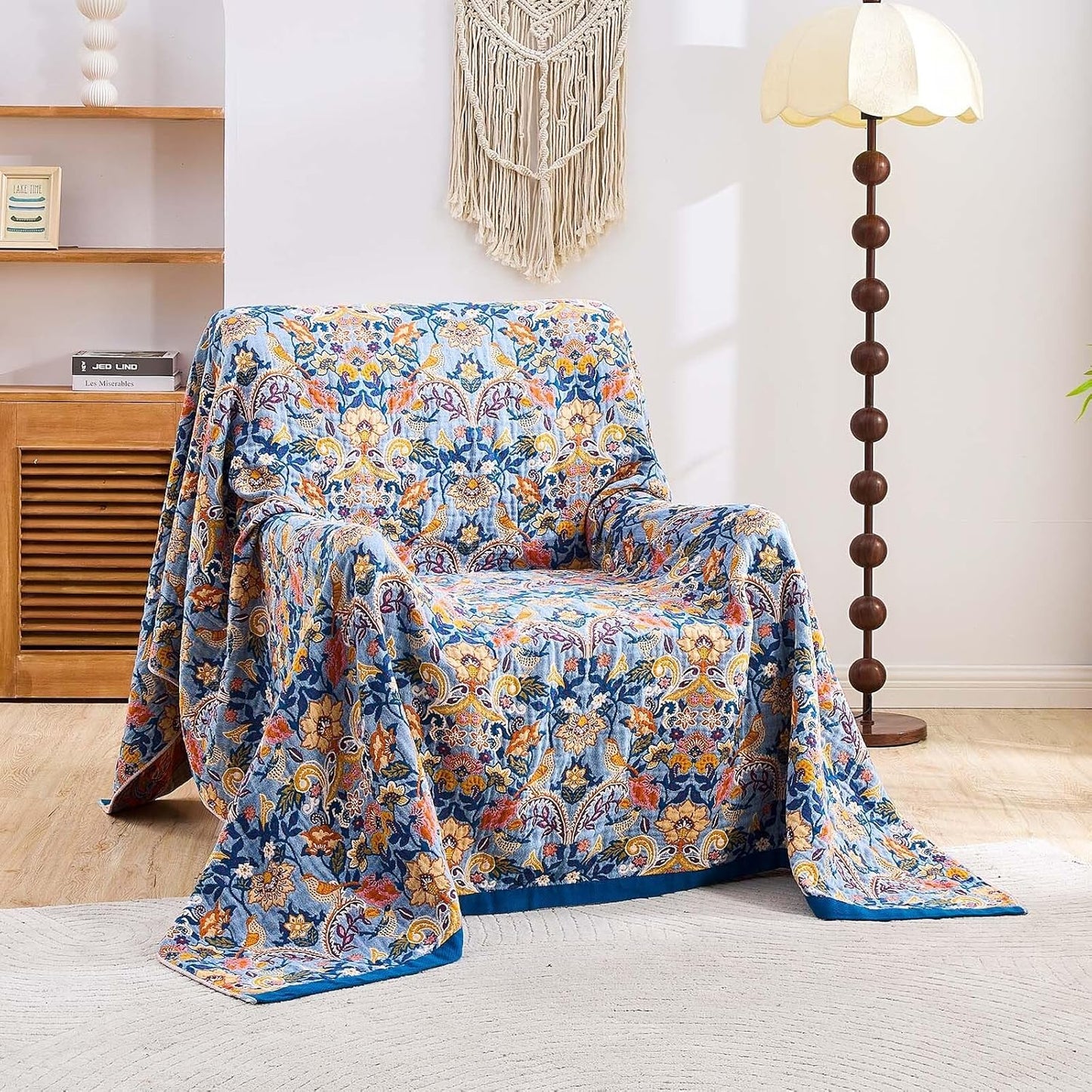 Boho Throw Blanket for Bed, 100% Cotton Soft Rustic Quilt Fall Blanket, 80"x90" Floral Printed