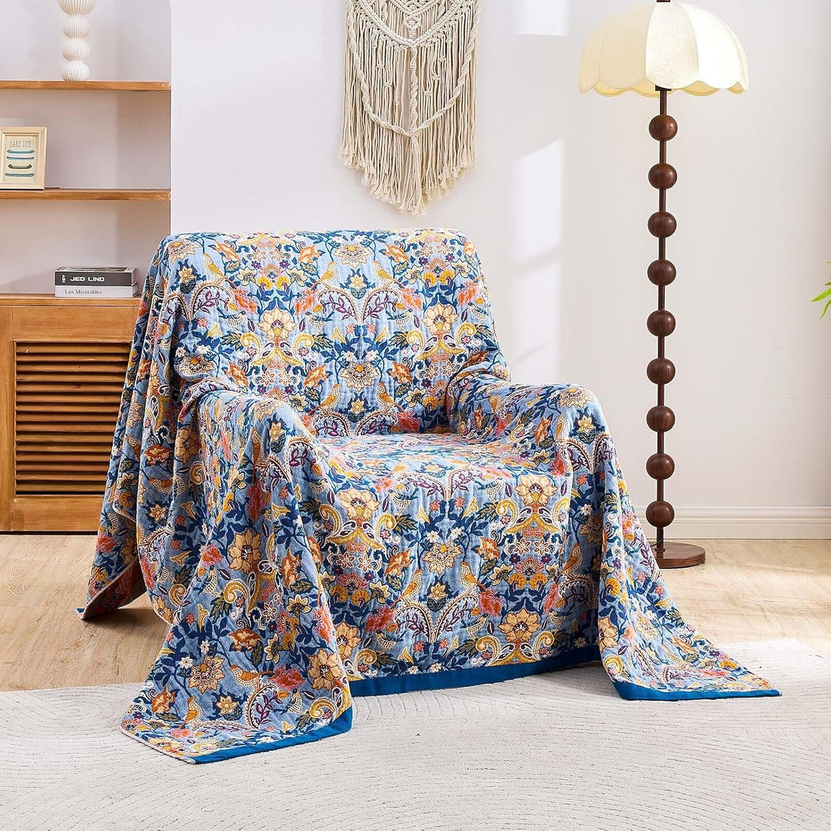 Boho Throw Blanket for Bed, 100% Cotton Soft Rustic Quilt Fall Blanket, 60"x80" Floral Printed