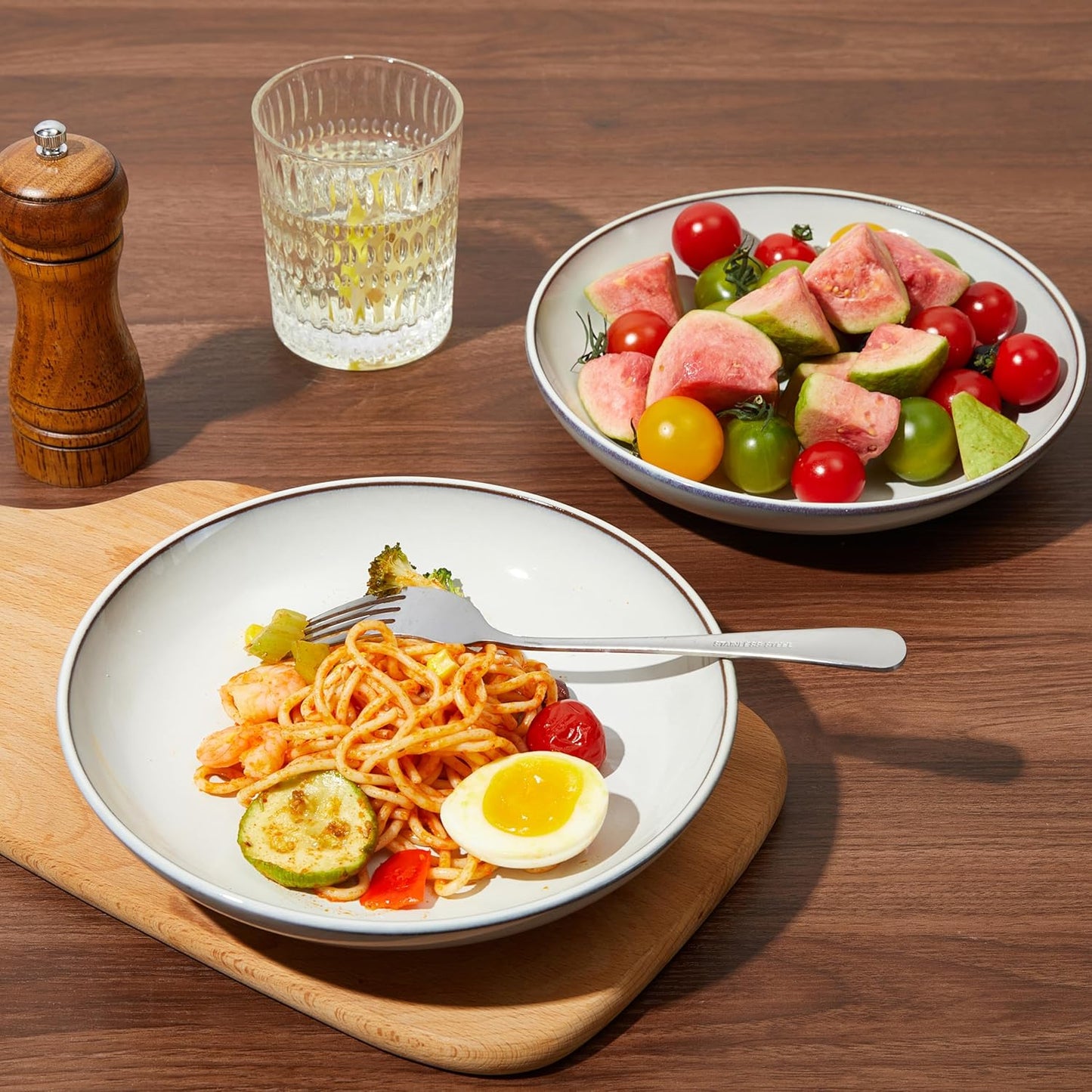 16 Piece Double Bowl Dinnerware Sets with Pasta Bowls, Highly Chip and Crack Resistant Plates and
