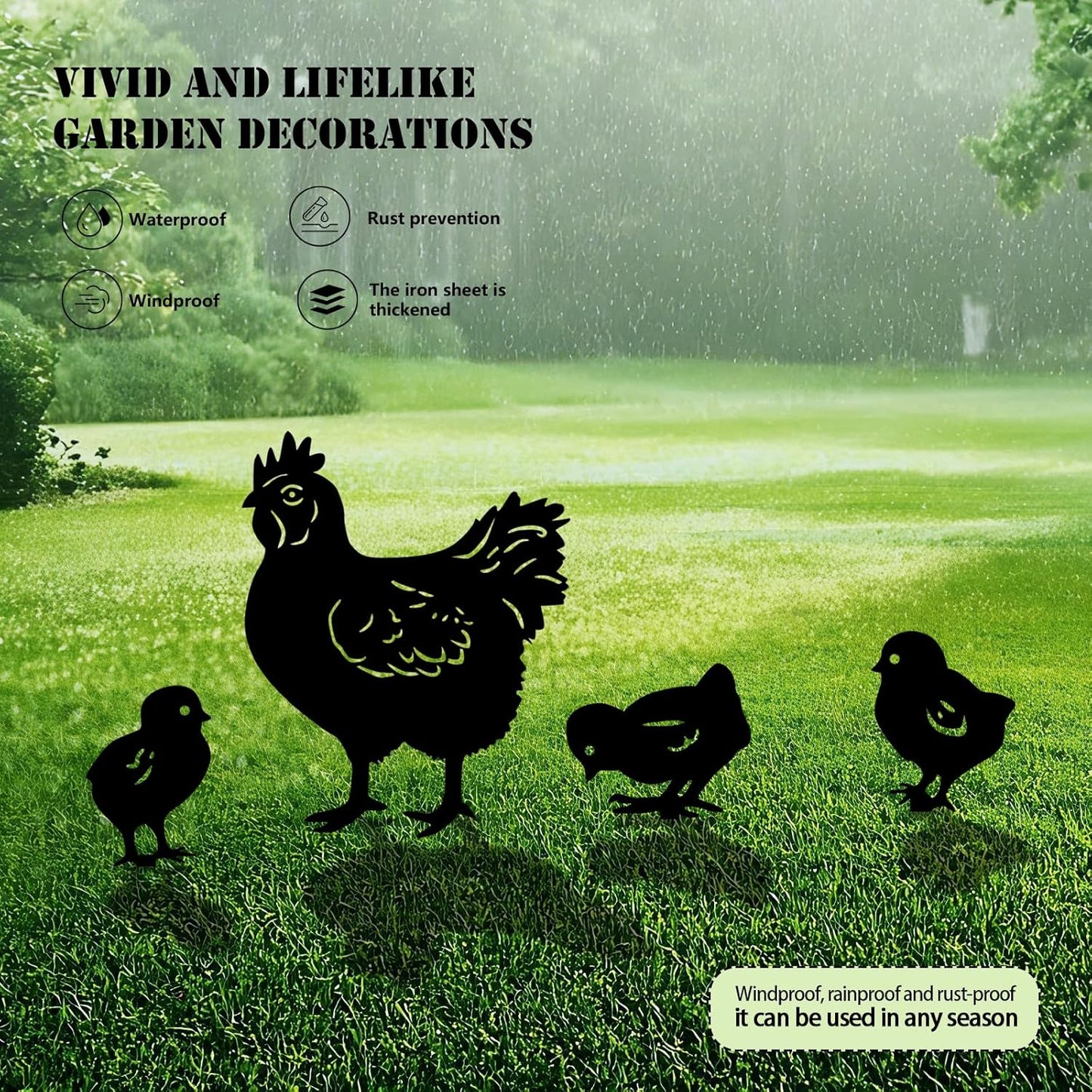 5 Pack Chicken Metal Garden Decorative Stakes, Weather Proof Silhouette Statues for Yard
