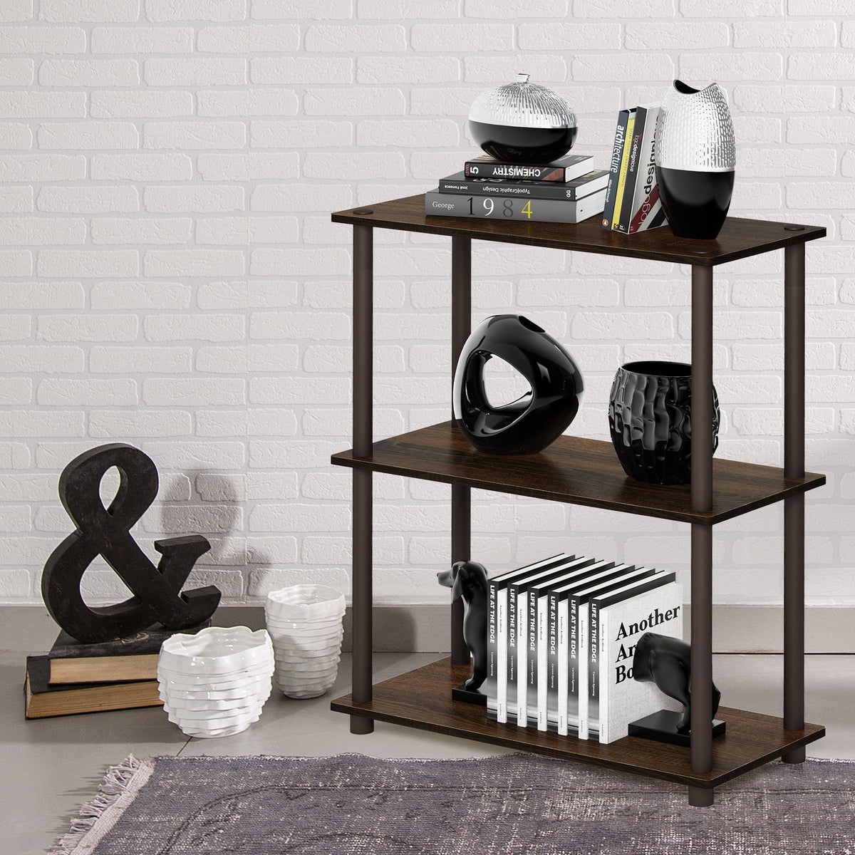 Furinno TURN-N-TUBE Storage Shelves, 3-Tier Book Shelf, Corner Shelf, Toolless Open Shelves, for