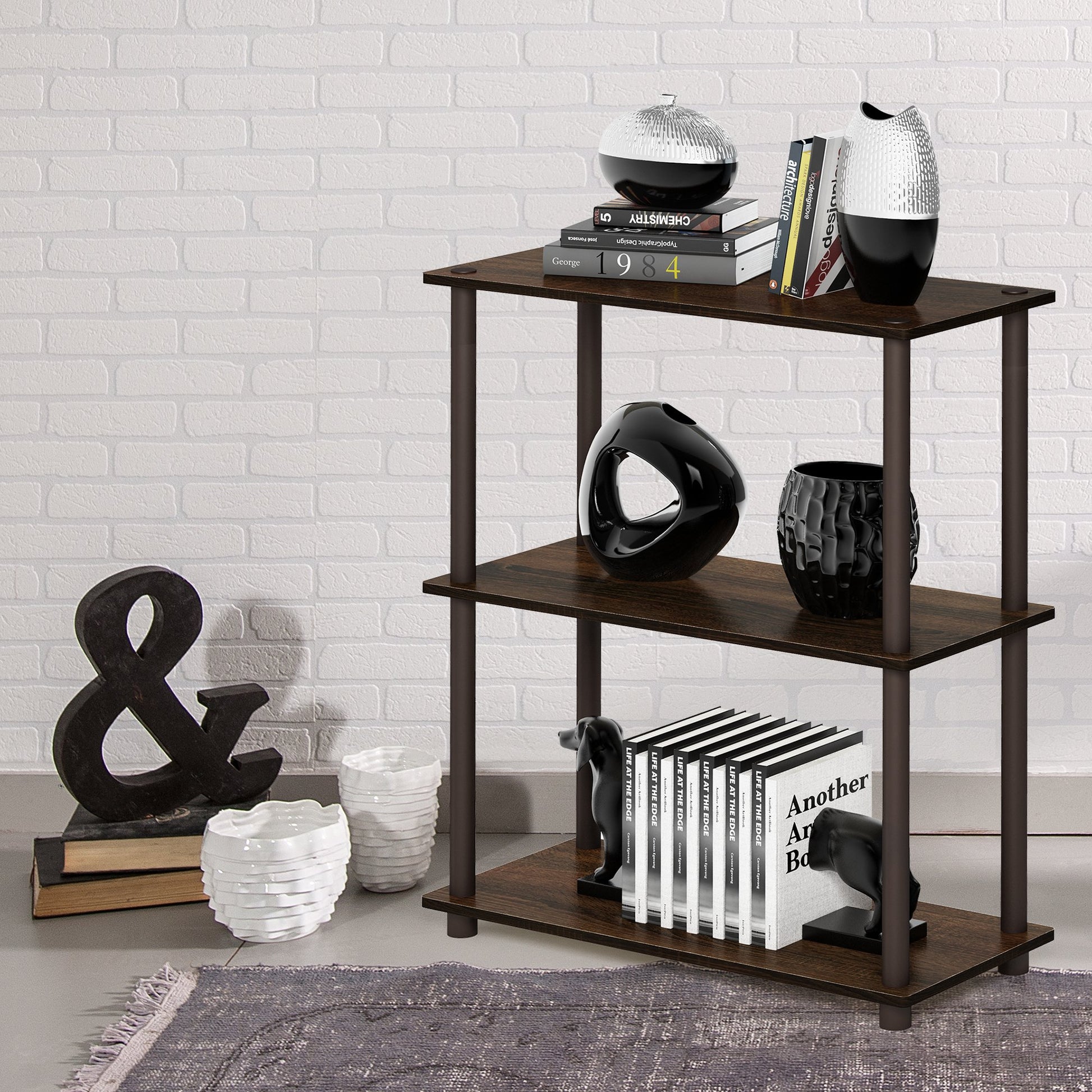 Furinno TURN-N-TUBE Storage Shelves, 3-Tier Book Shelf, Corner Shelf, Toolless Open Shelves, for