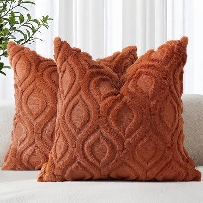 decorUhome Fall Throw Pillow Covers 22x22 Inch Set of 2, Soft Plush Decorative Faux Fur Rust Solid