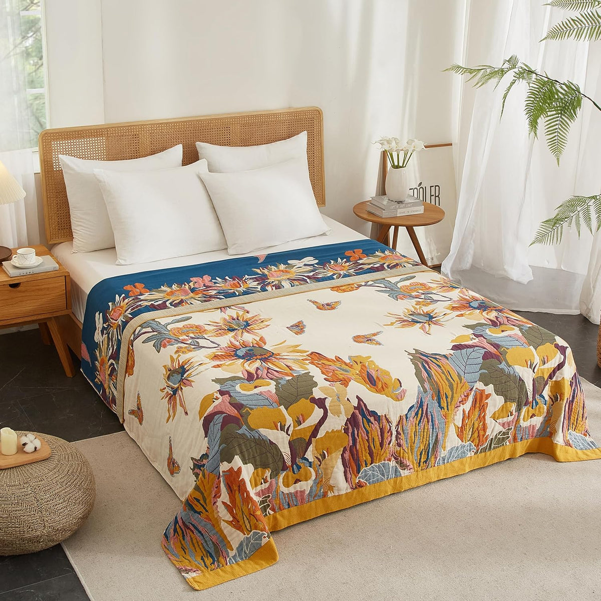 Boho Throw Blanket for Bed 90”x98”, 100% Cotton Woven Blanket for Couch Sofa, Ultra Soft 4-Layer