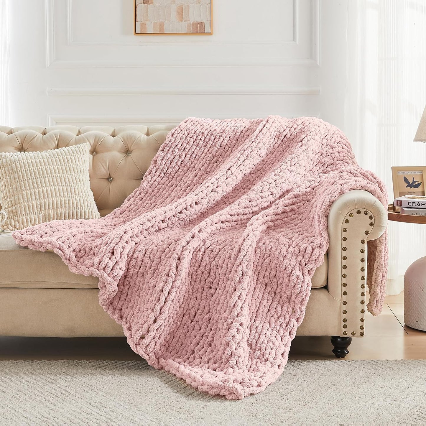 Carriediosa Chunky Knit Throw Blanket 50" X 60", 100% Hand Made Large Chenille Loop Yarn Soft