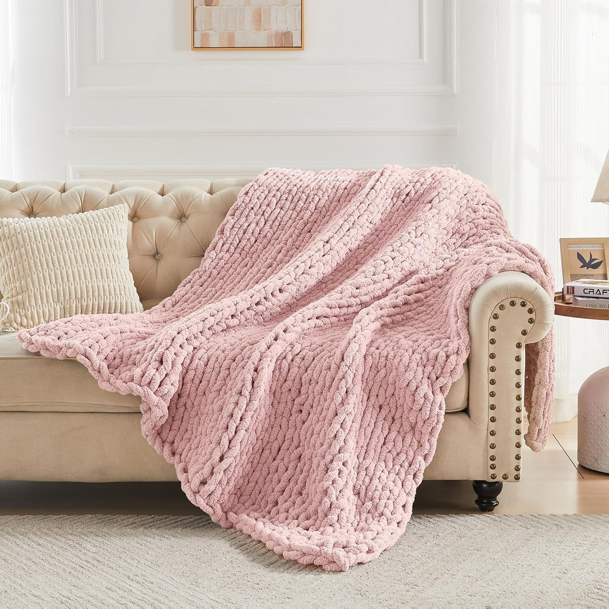 Carriediosa Chunky Knit Throw Blanket 50" X 60", 100% Hand Made Large Chenille Loop Yarn Soft