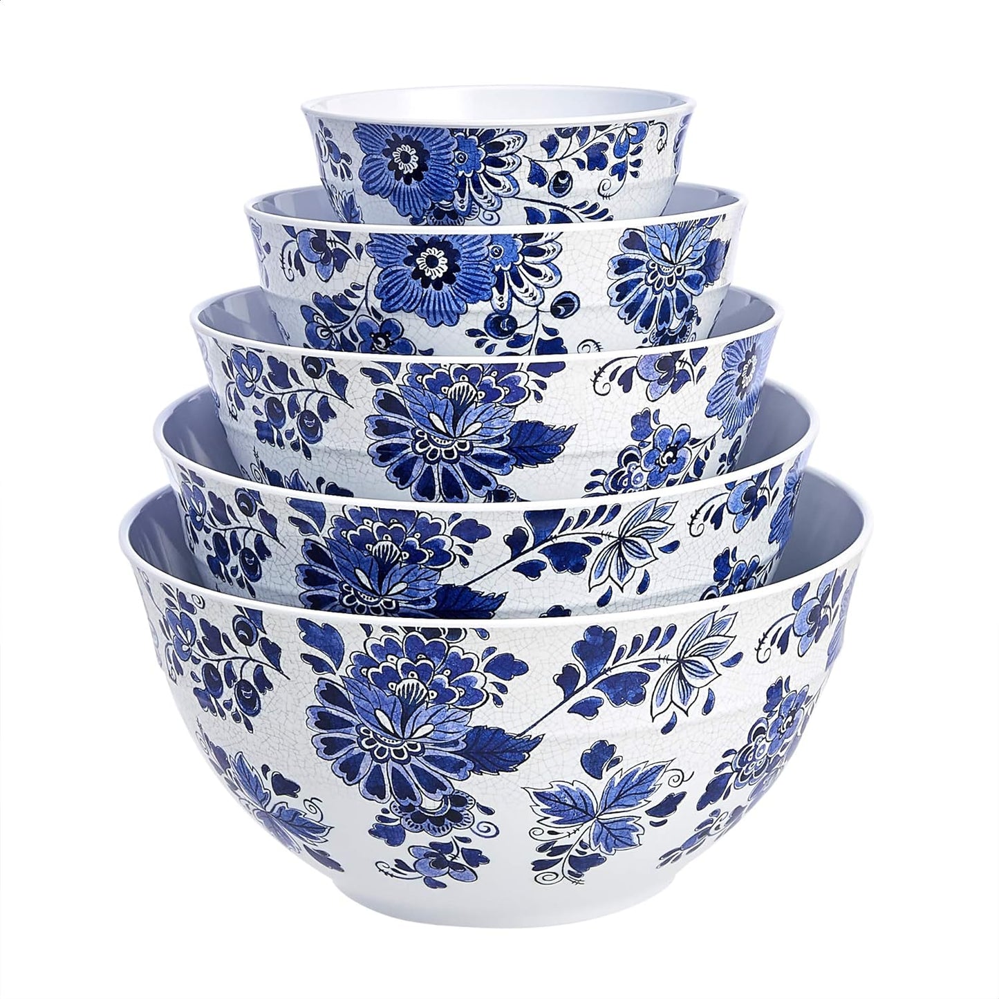Amazon Basics Nesting Melamine Mixing Round Bowl with Lid and Non-Slip Base, 5 Sizes, Blue and
