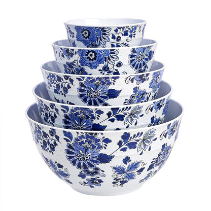 Amazon Basics Nesting Melamine Mixing Round Bowl with Lid and Non-Slip Base, 5 Sizes, Blue and