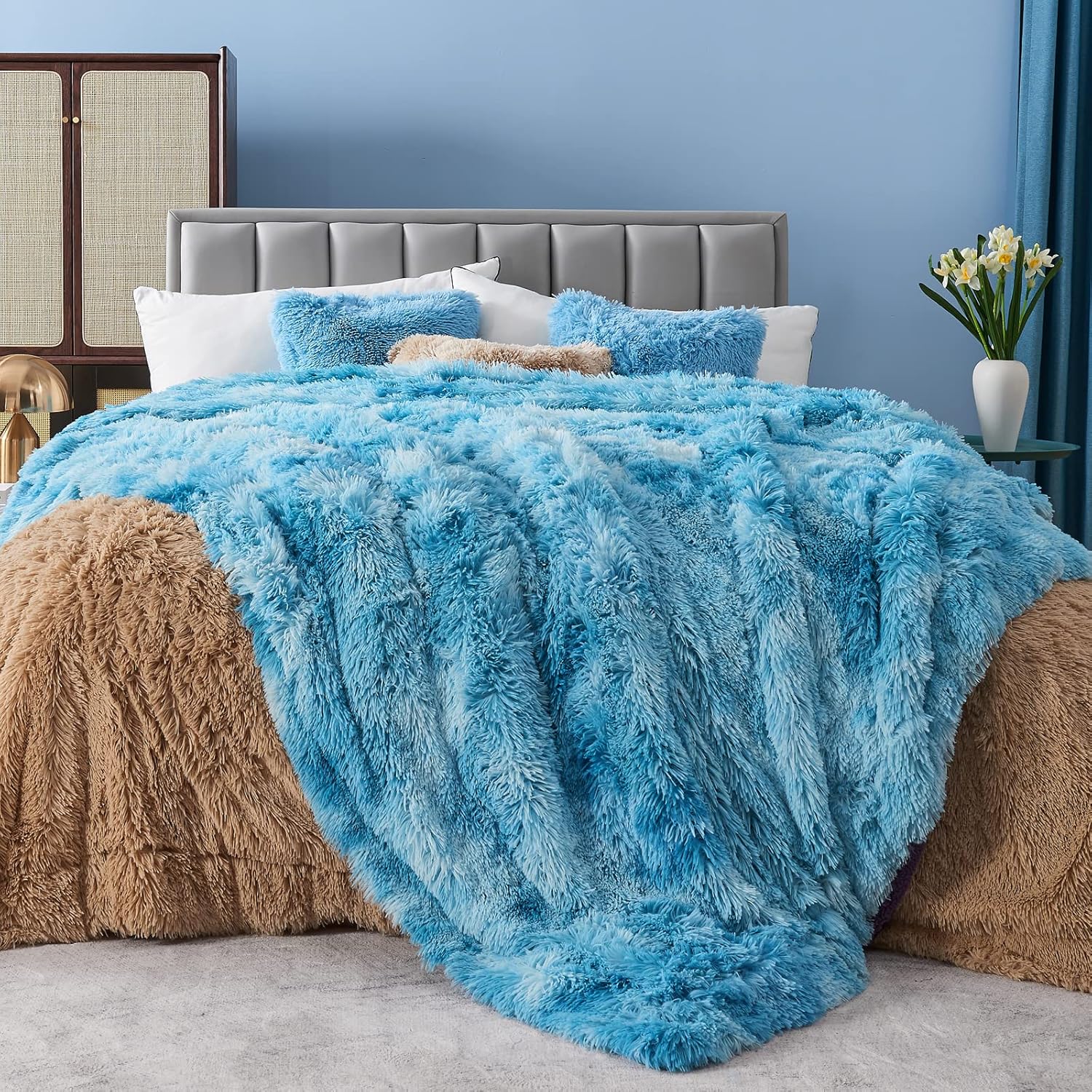 GONAAP Fuzzy Faux Fur Throw Blanket Tie-dye Ocean Blue Super Soft Cozy Plush Fuzzy Shaggy Blanket