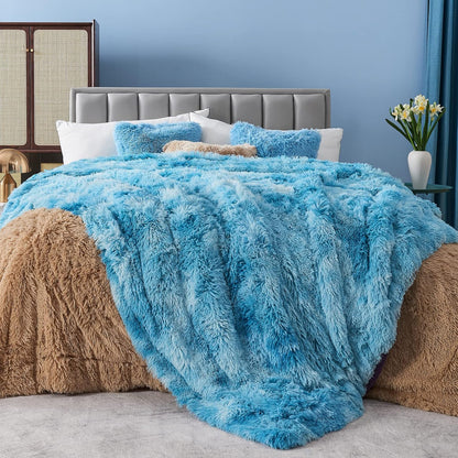 GONAAP Fuzzy Faux Fur Throw Blanket Twin Size Tie-dye Ocean Blue Super Soft Cozy Plush Fuzzy Shaggy