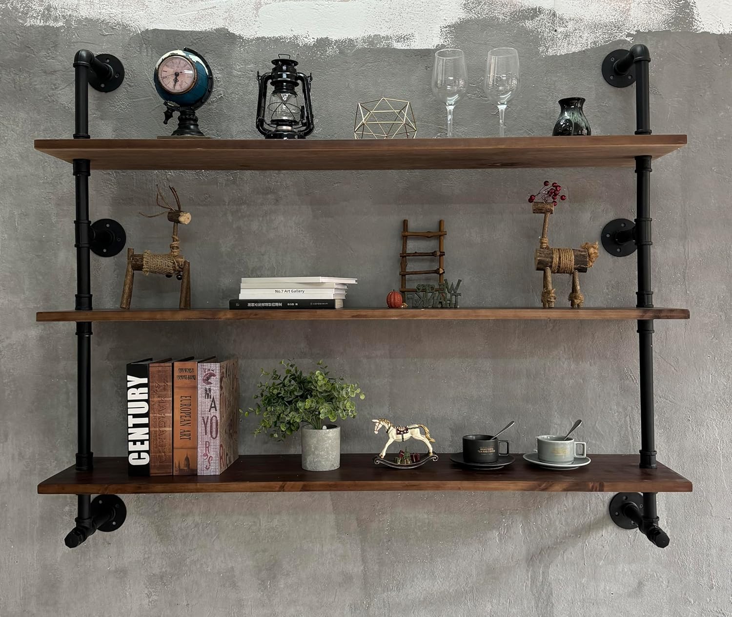 Industrial Pipe Wall Shelves Pipe Shelving with Real Wood Plank ,48 Inches Floating Shelves for