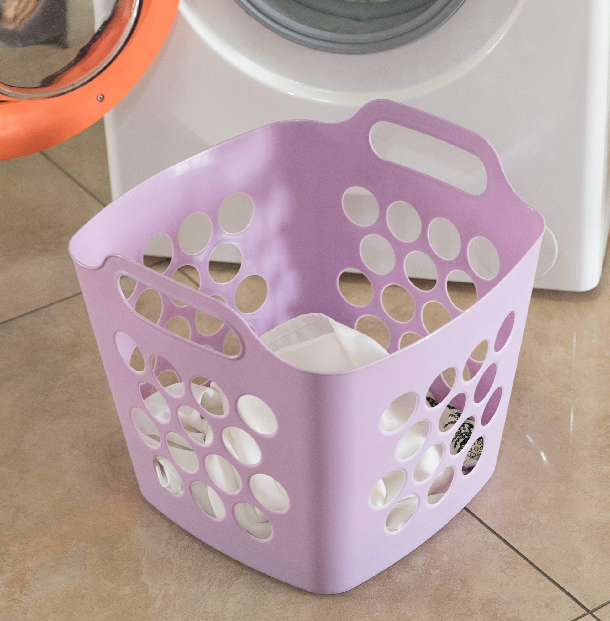 Flexible Plastic Carry Laundry Basket Holder Square Storage Hamper with Side Handles, Purple Set of