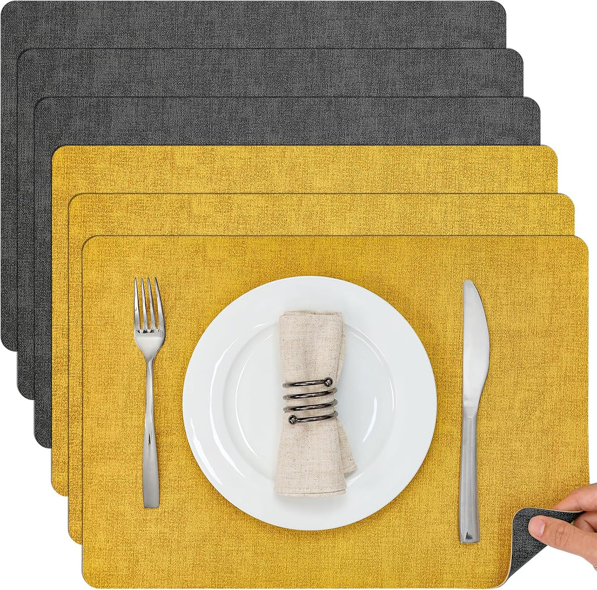 Myir JUN Dual Sided Placemats, Faux Leather Set of 6 Indoor/Outdoor Square Non-Slip Washable Table