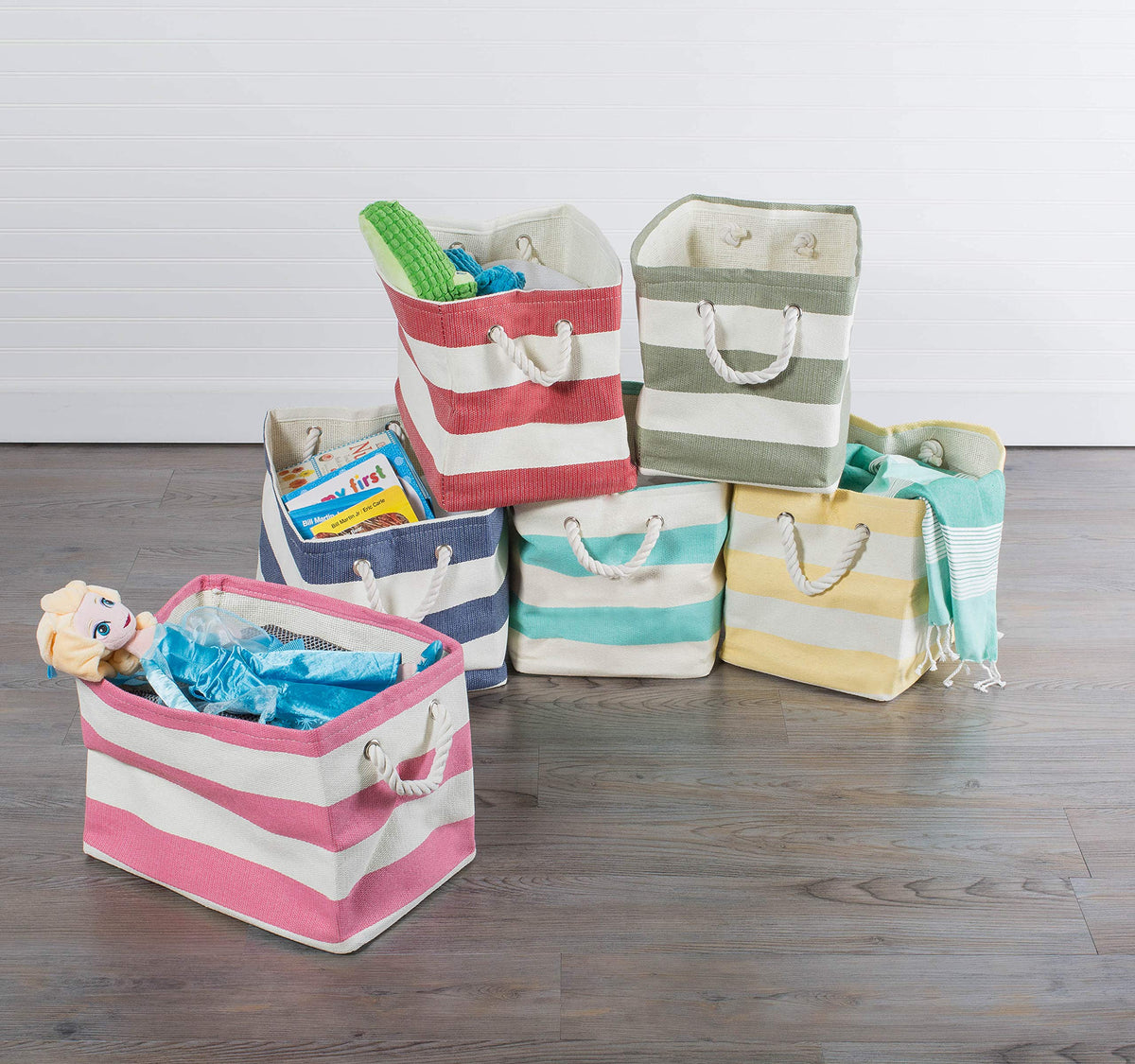 DII Durable Woven Striped Storage Bin Collapsible with Soft Rope Handles Reinforced with Metal
