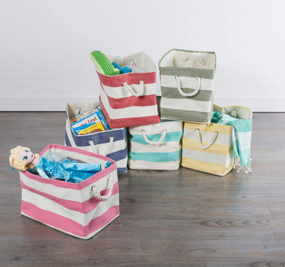 DII Durable Woven Striped Storage Bin Collapsible with Soft Rope Handles Reinforced with Metal