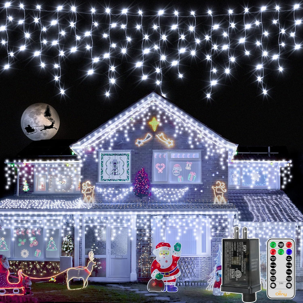 Ollny Icicle Lights for Outside 720LED 60FT, Cool White Christmas Lights with Remote 8 Modes