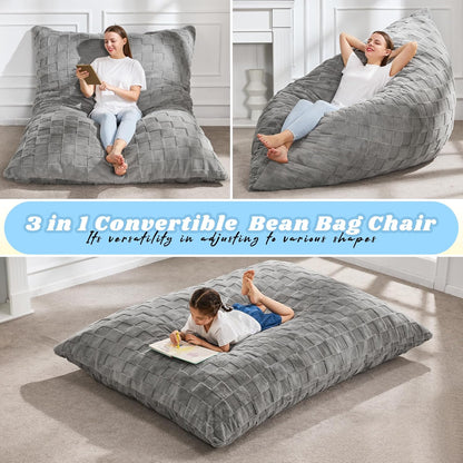 Hobestluk 3 in 1 Bean Bag Chair Giant Bean Bag Chairs for Adults with Plaid Cover Convertible Bean
