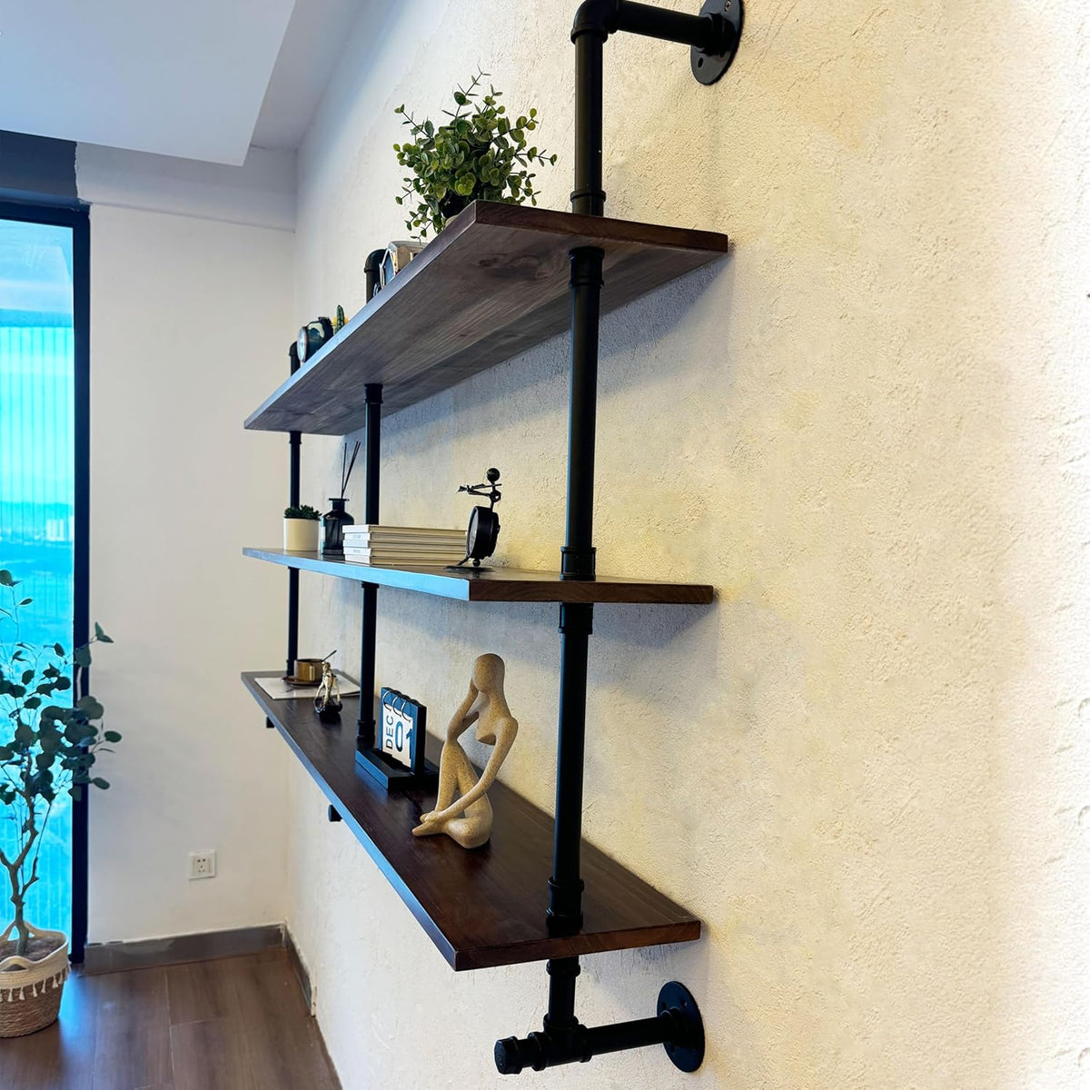 ROGMARS Industrial Pipe Wall Shelves Pipe Shelving with Real Wood Plank,70 Inches Floating Shelves