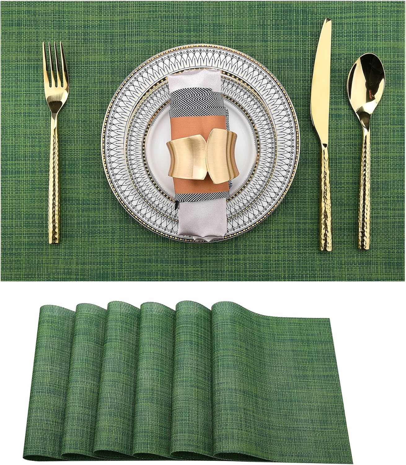 Green Placemats Set of 6 - Wipe Clean Vinyl Placemats - Washable Heat Resistant PVC Table Mats for