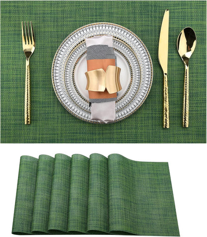 Green Placemats Set of 6 - Wipe Clean Vinyl Placemats - Washable Heat Resistant PVC Table Mats for