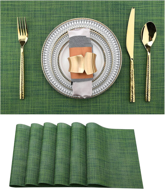 Green Placemats Set of 6 - Wipe Clean Vinyl Placemats - Washable Heat Resistant PVC Table Mats for