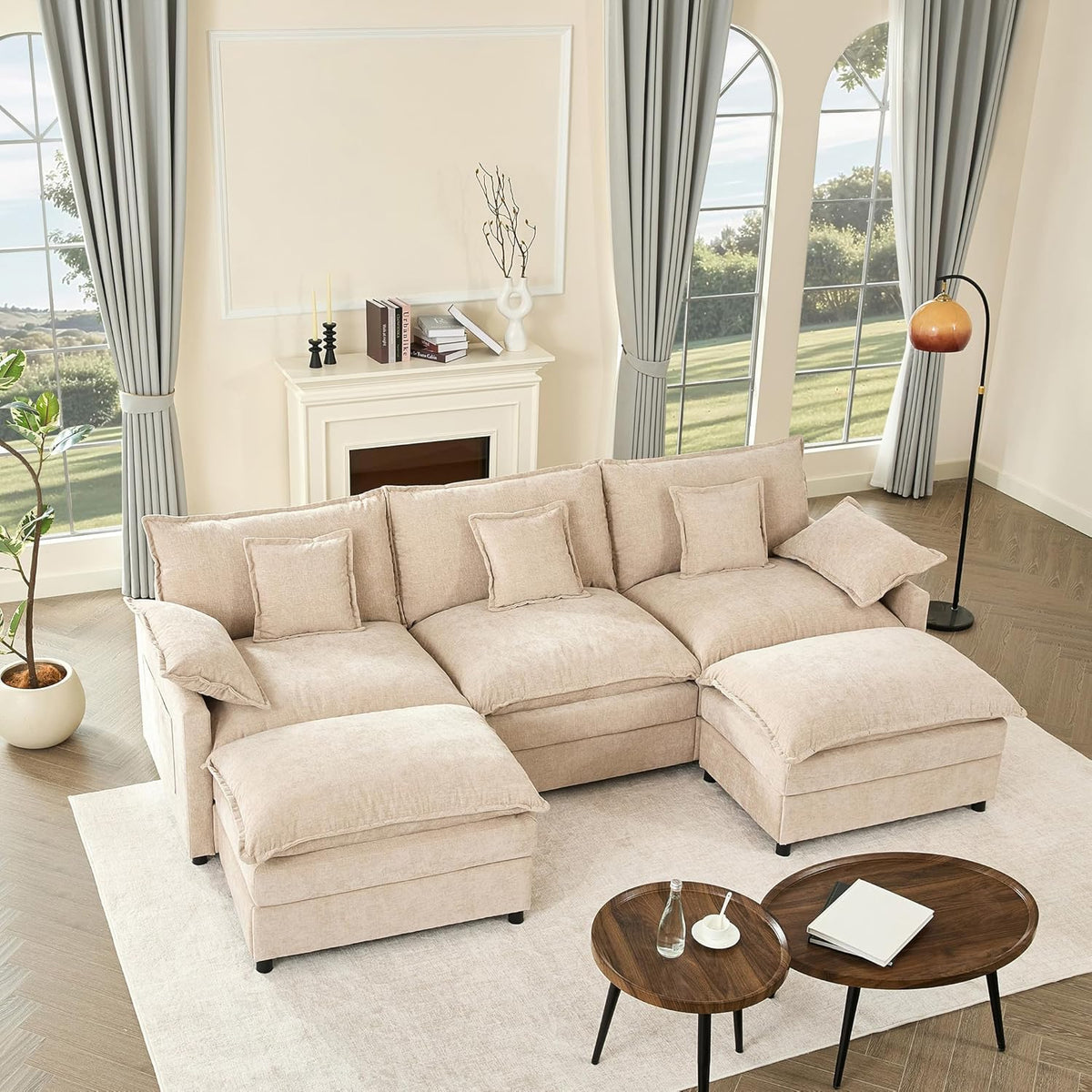108" U Shaped Couch, Modular Sectional Sofa, 3-Seater Comfy Cloud Couch with Movable Ottoman, Deep
