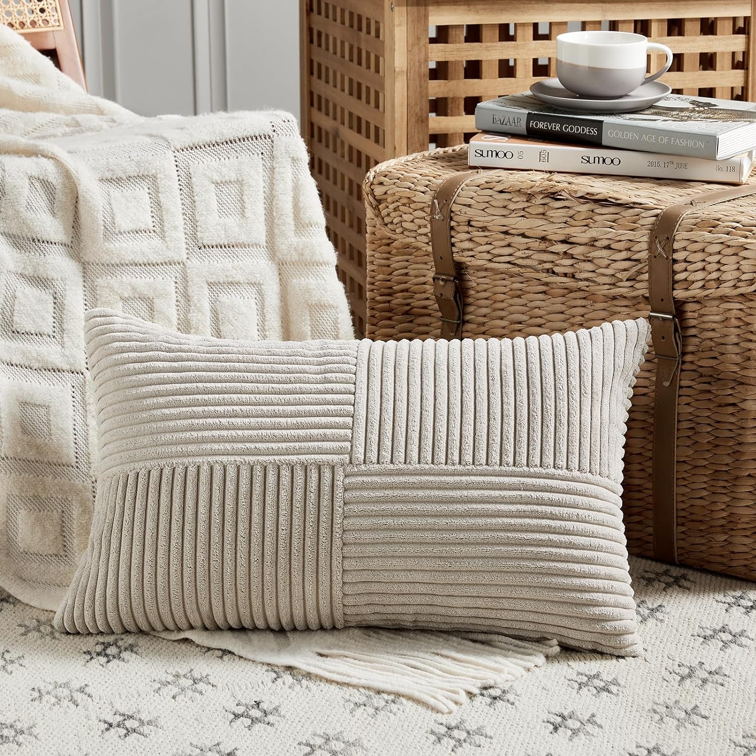Fancy Homi 2 Packs Neutral Taupe Lumbar Decorative Throw Pillow Covers 12x24 Inch for Living Room