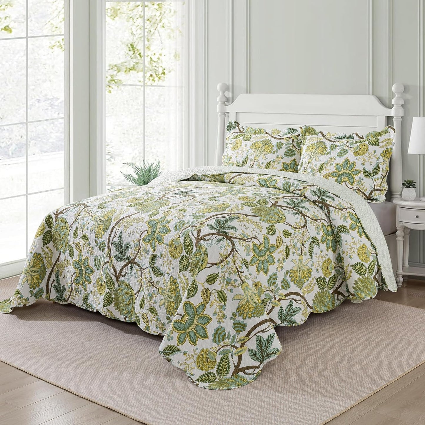 NEWLAKE Cotton Bedspread Quilt Sets - Reversible Patchwork Coverlet Set, Floral Vine Pattern, King