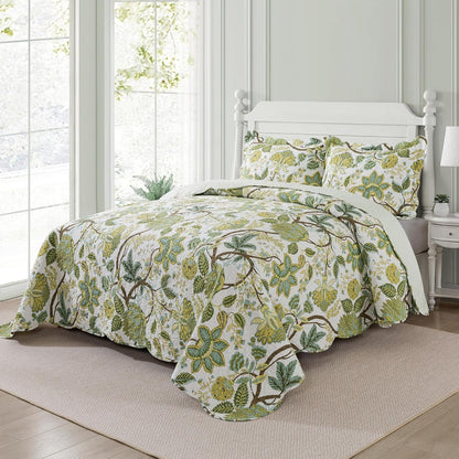 NEWLAKE Cotton Bedspread Quilt Sets - Reversible Patchwork Coverlet Set, Floral Vine Pattern, King