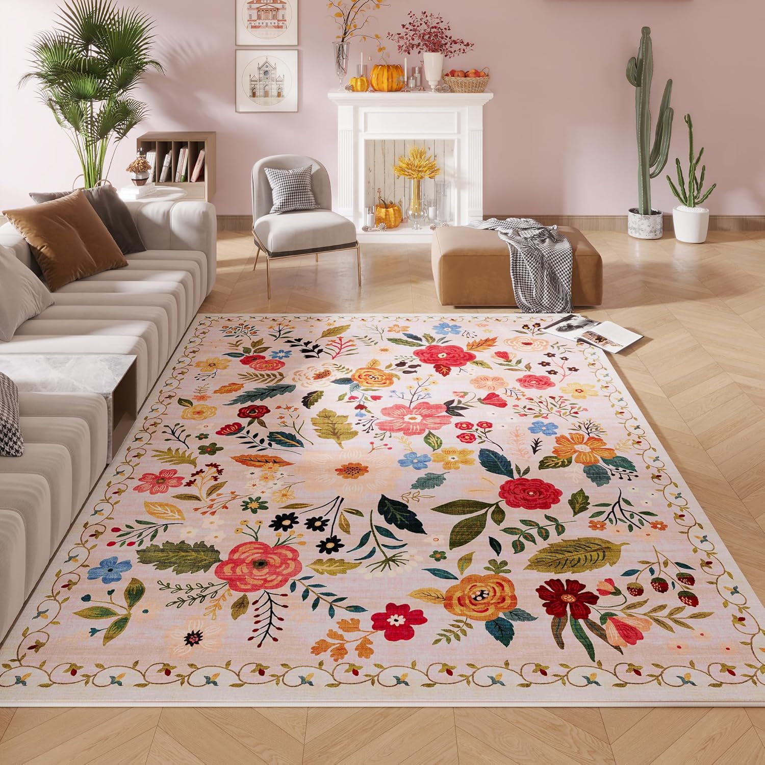 Area Rugs 9x12 Living Room Clearance Washable Boho Rug Non Slip Floral Vintage Low Pile Large Rug