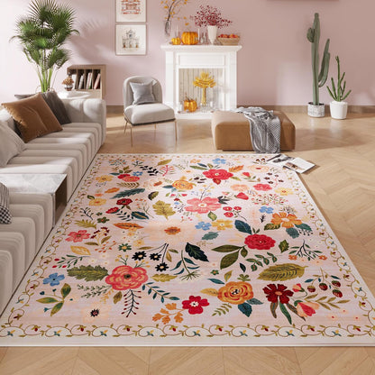 Living Room Rug 5x7 Rug Machine Washable Boho Area Rug Non Slip Floral Vintage Low Pile Large Rugs
