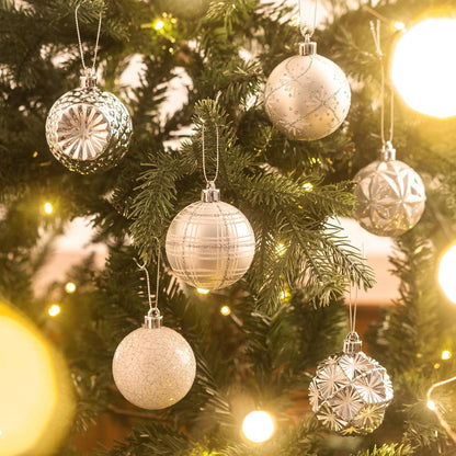 Valery Madelyn Ornaments for Christmas Trees, 16ct 2.36 Inches White and Silver Shatterproof