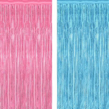 2 Pack Gender Reveal Decorations, 3.28 FT x 7.05 FT Pink and Blue Fringe Backdrop, Metallic Boy or