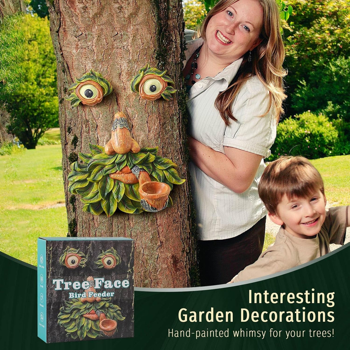 Tree Face Decor Outdoor,Whimsical Outdoor Art with Bird Feeder,Tree Hugger Bark Ghost Face