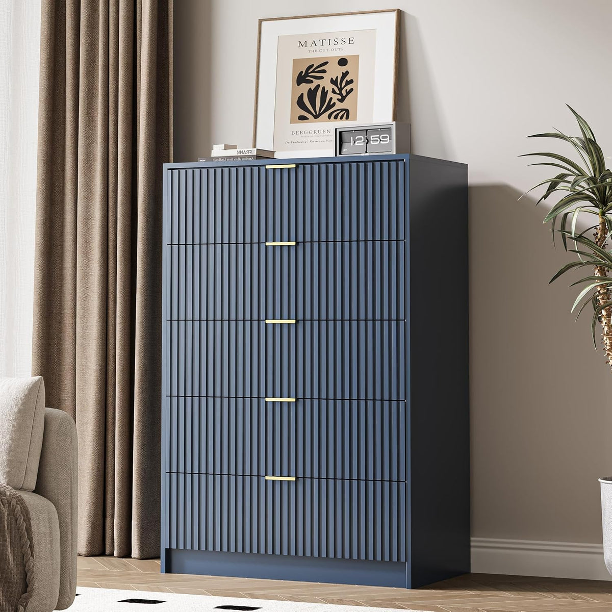 5 Drawer Dresser for Bedroom, Tall Dresser Chest of Drawers with Gold Handles, 32 Inch Wide