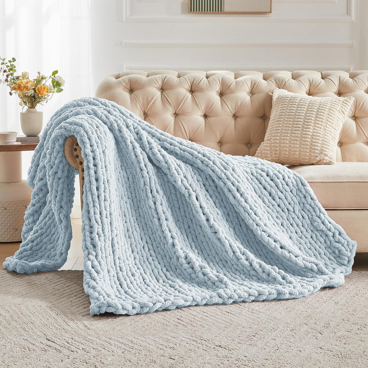 Carriediosa Chunky Knit Throw Blanket 60" X 80" Twin, 100% Hand Made Large Chenille Loop Yarn Soft